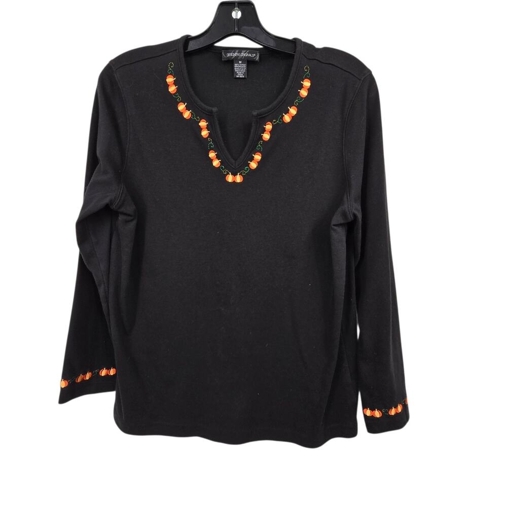 Vtg Halloween Embroidered Top Womens MED Black Pumpkin Border Spooky Witchy